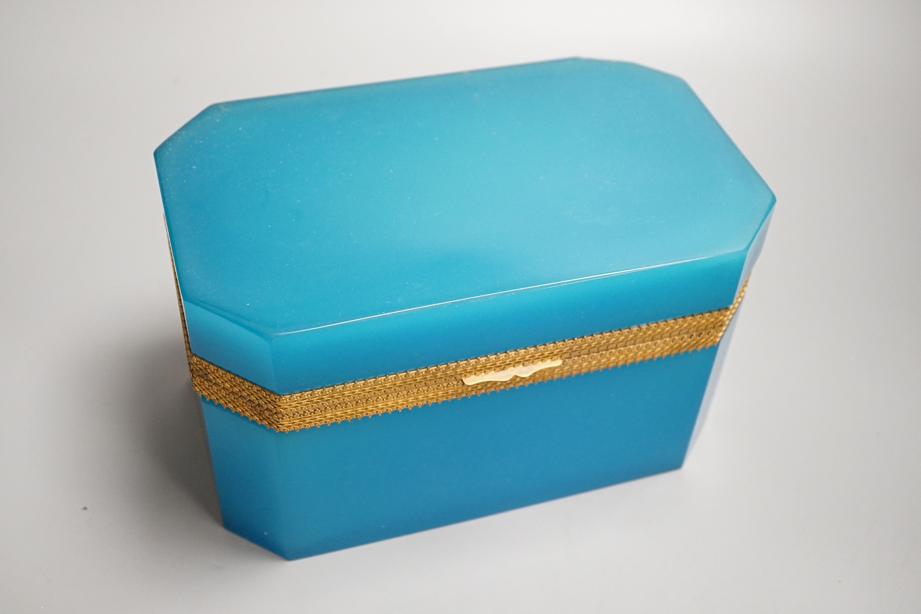 A large opaline blue glass casket, late 19th century, width 23cm height 13.5cm (a.f.)